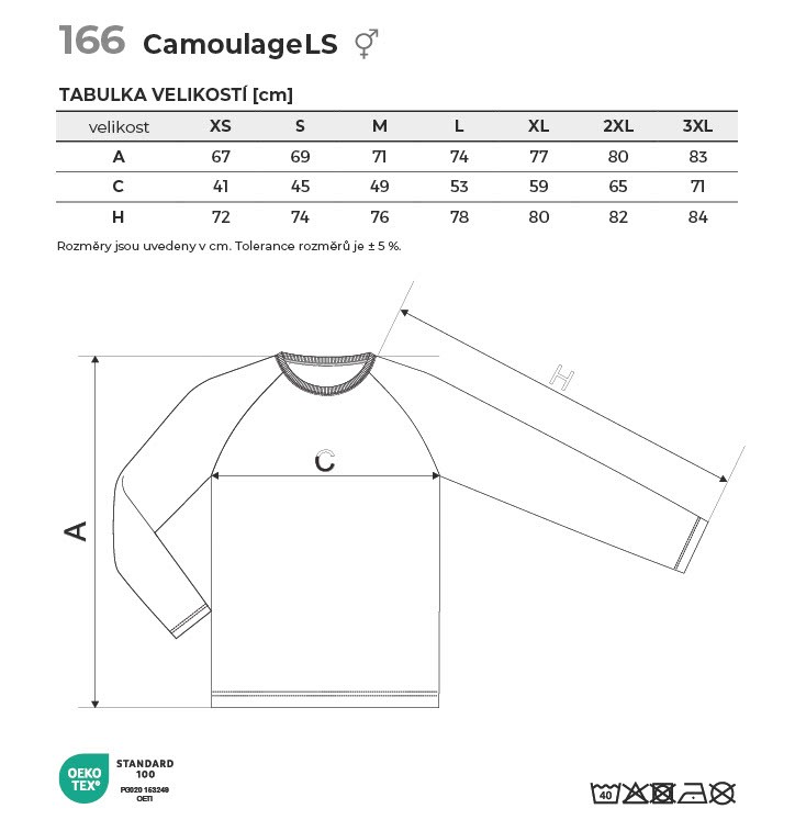 166 Camouflage LS triko unisex Tabulka velikostí